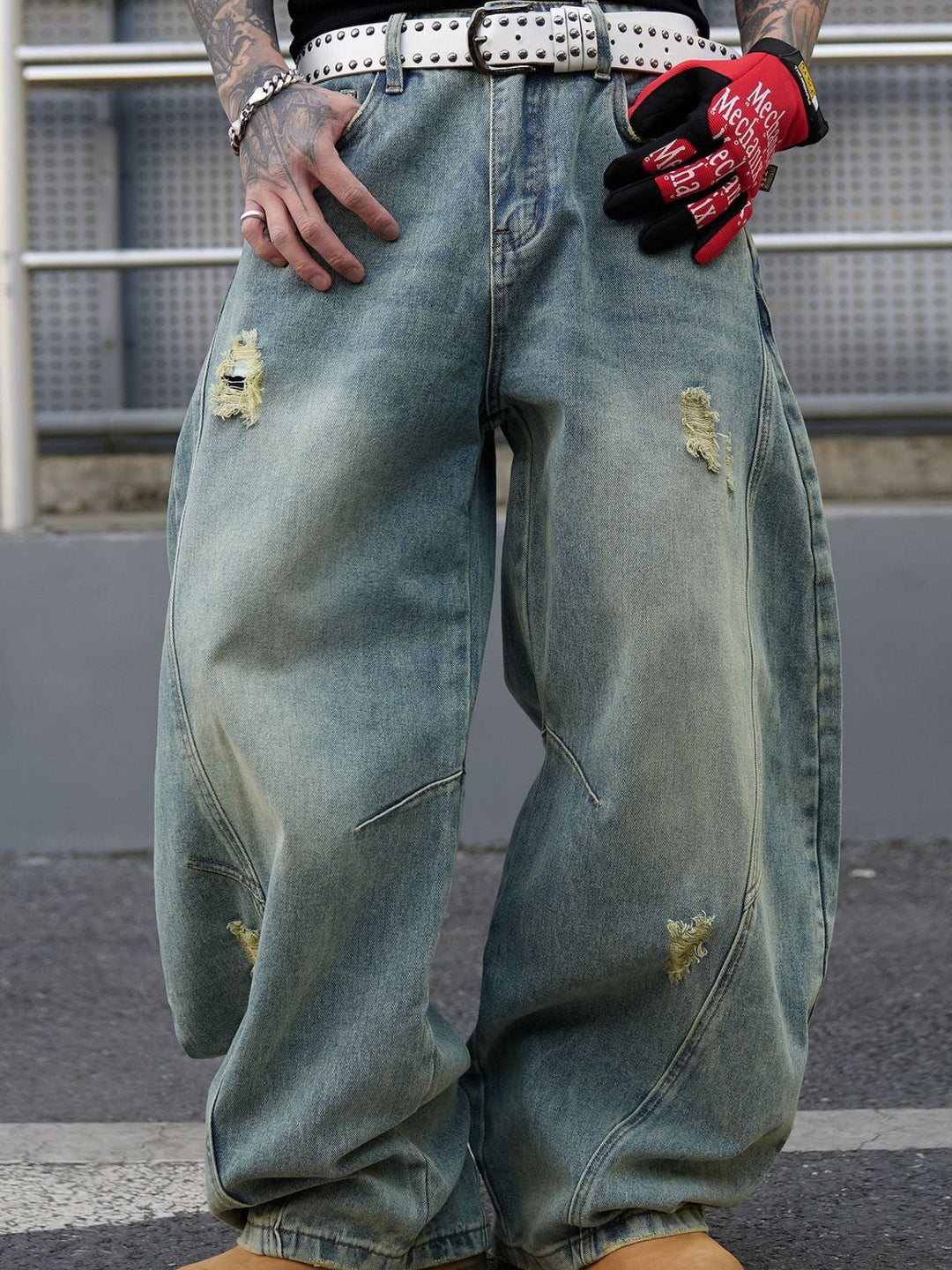 Men's Full Size Distressed Wide Leg Jeans Plus Size