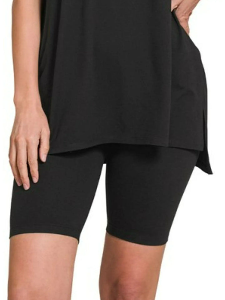 Zenana Brushed Dty Microfiber Round Neck Top and Biker Shorts Set