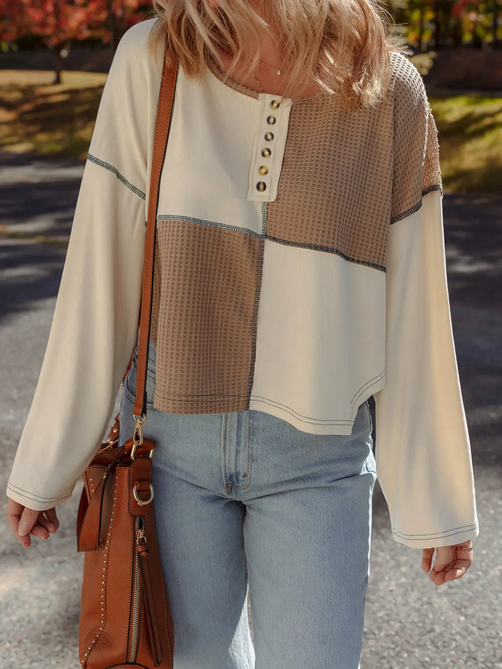 Color Block Waffle Knit Stitch Detail Long Sleeve Top