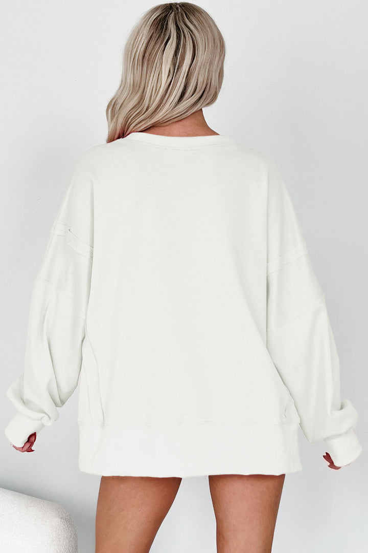 White Bow Sequin XOXO Letter Graphic Exposed Seam Baggy Sweatshirt