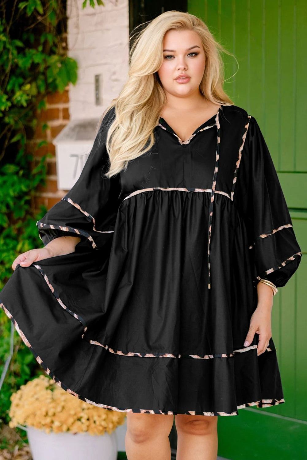 Black Plus Size Long Sleeve Leopard Contrasted Trim Tie Neck Flared Mini Dress