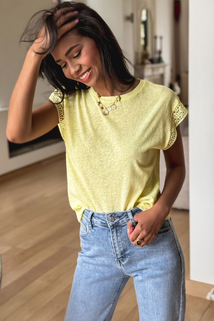 Yellow Cream Lace Patchwork Cap Sleeve Round Neck T Shirt