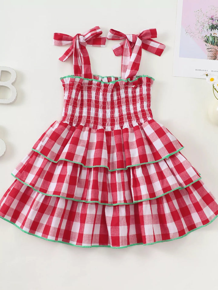 Children's Gingham Tiered Dress with Bow Tie Straps