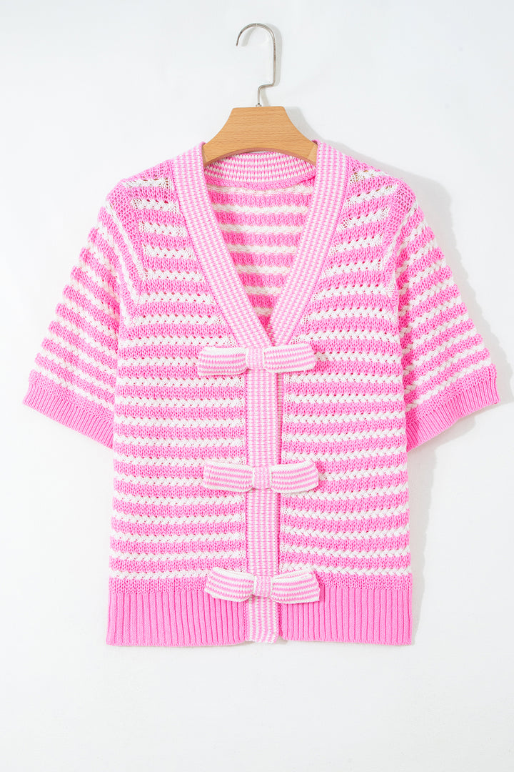 Pink Stripe Short Sleeve Knit V Neck Bow Knot Sweater
