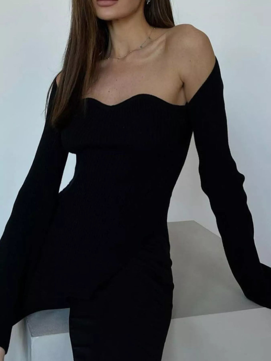 Ribbed Knit Sweetheart Neckline Sweater