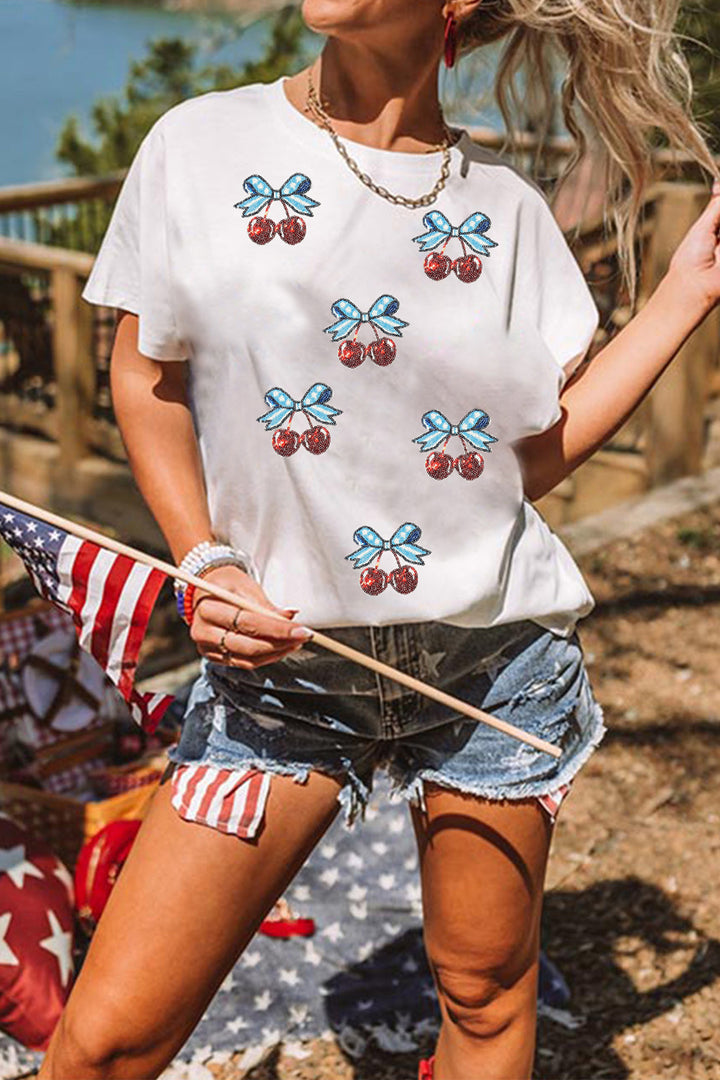 White Coquette Patriotic Cherries Sequin Graphic Tee