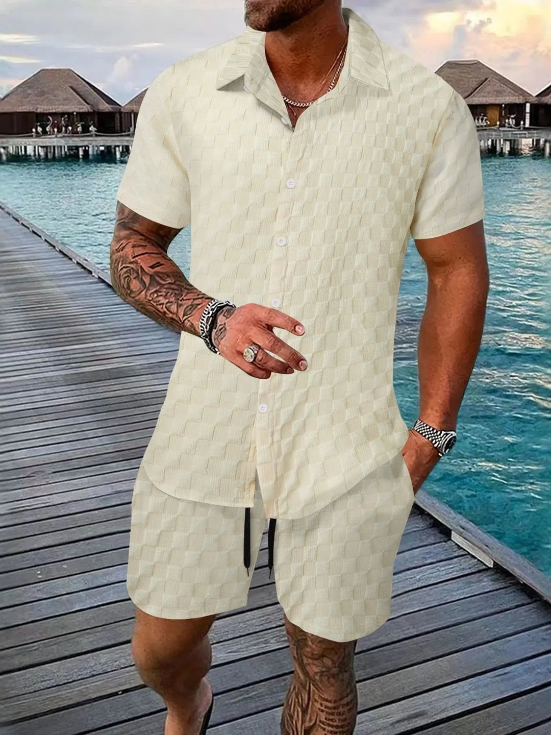 Men's Full Size Collared Neck Short Sleeve Top and Shorts Set Plus Size