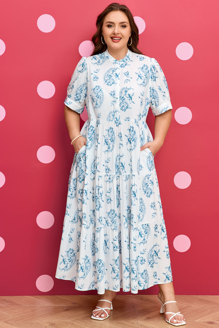 Sky Blue Plus Size Geometric Floral Print Button Split Neck Short Sleeve Maxi Dress