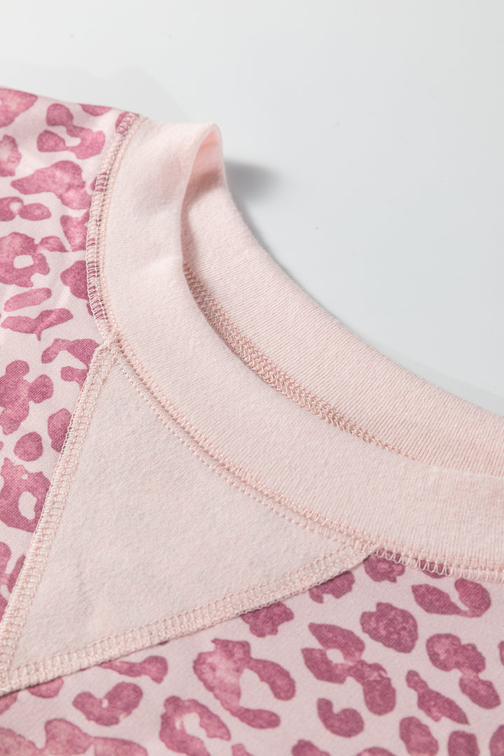 Pink Leopard Print Patchwork Crew Neck Sweatshirt