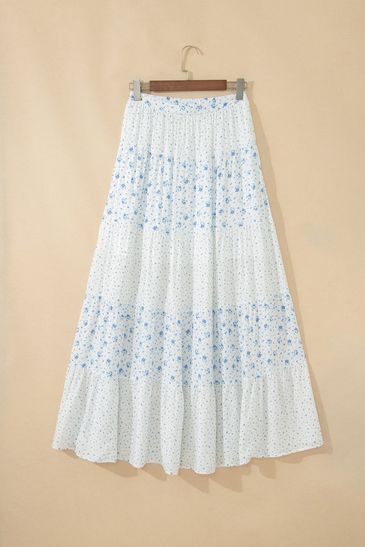 Sky Blue High Waist Tiny Floral Print Boho Maxi Skirt