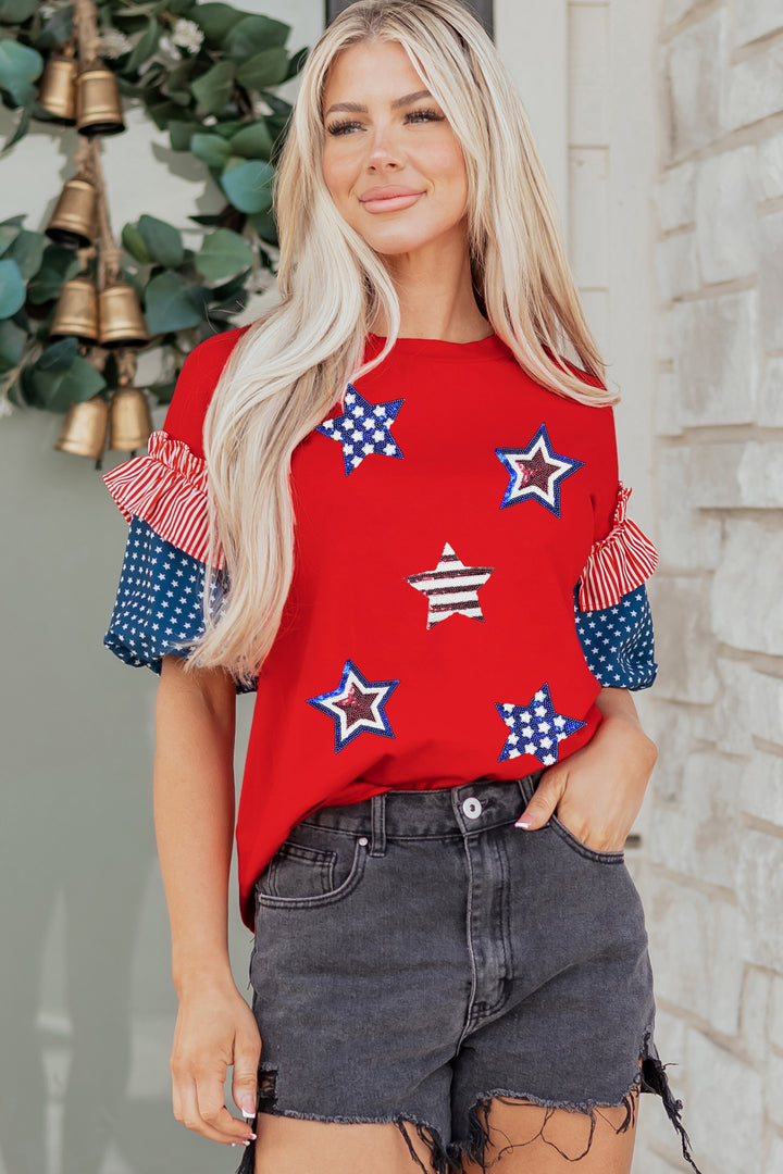 Fiery Red Patriotic Sequin Star Patched Stars and Stripes Contrast Sleeve Top