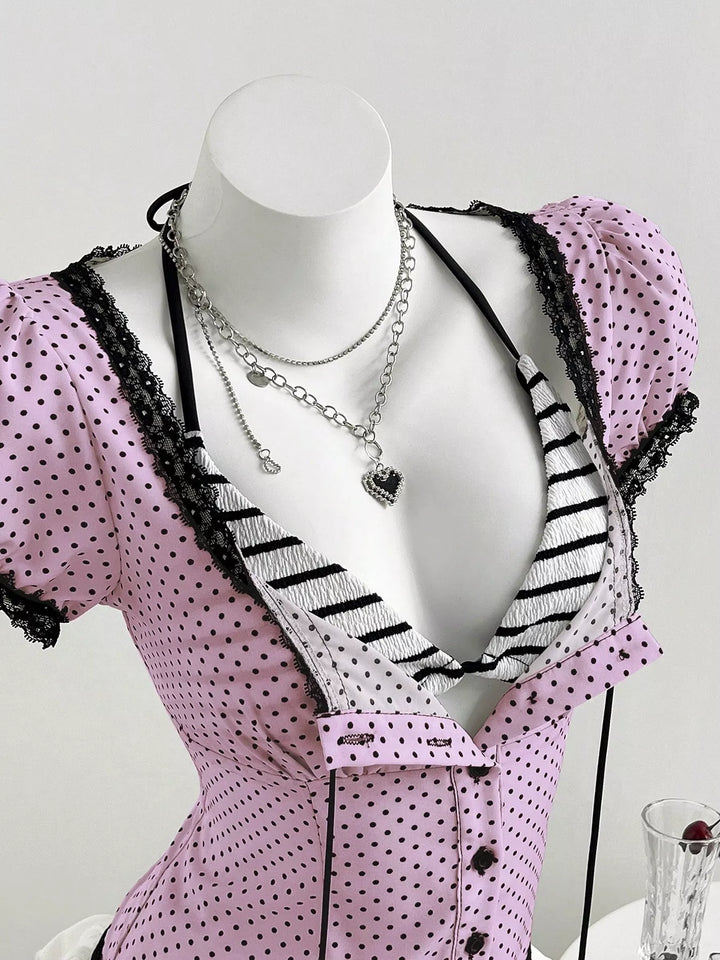 Polka Dot Lace Trim Puff Sleeve Top