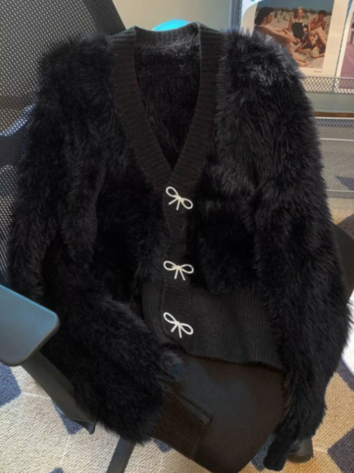 Fuzzy Bow Button Up Cardigan