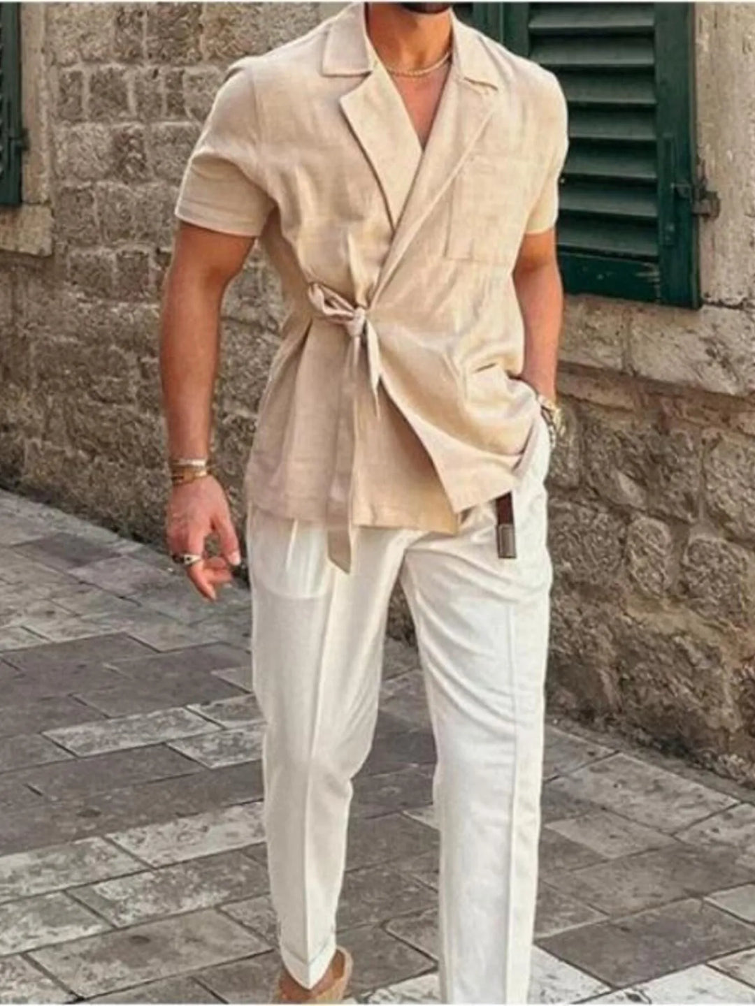 Men's Plus Size Tied Lightweight Linen Wrap Top