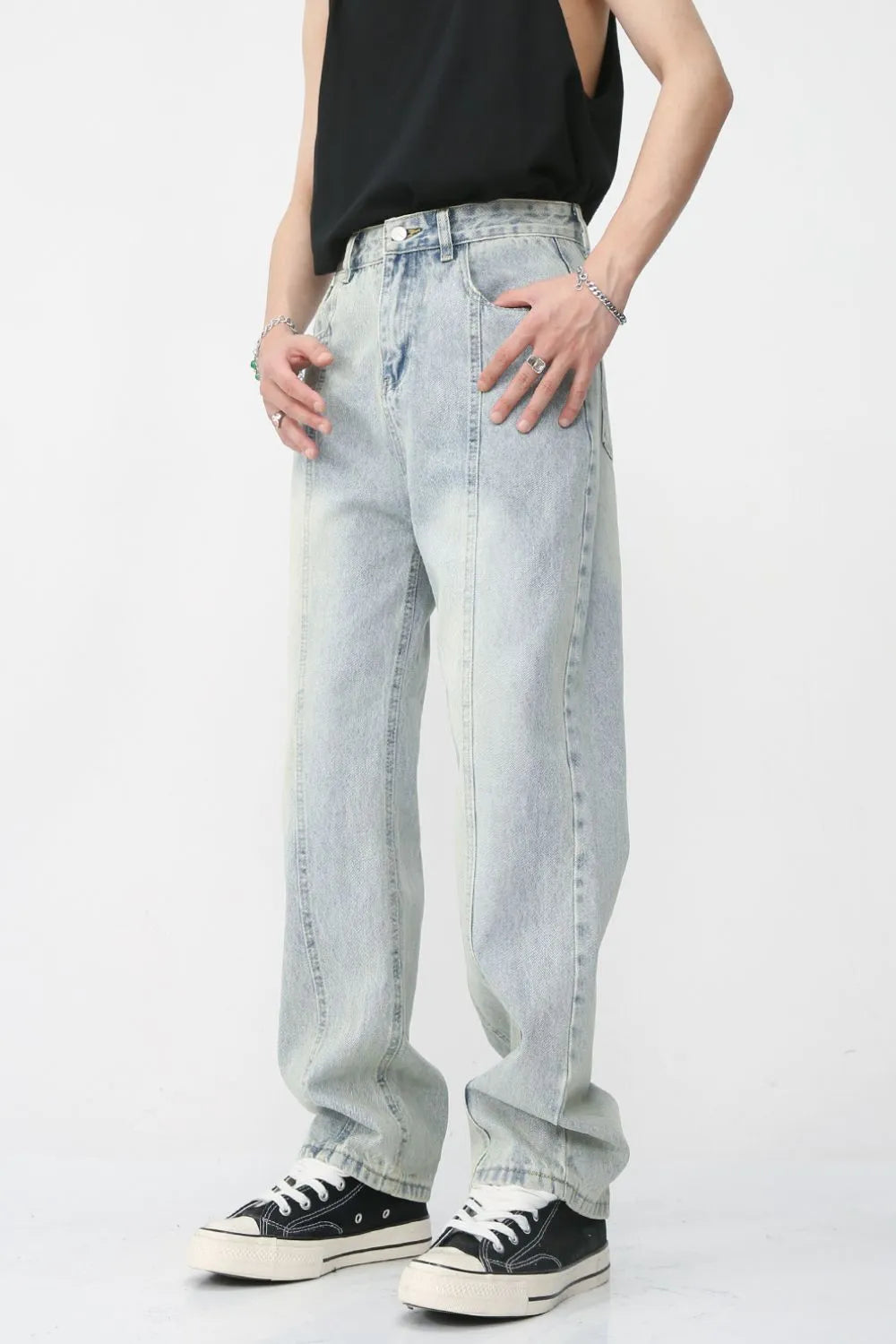 Men's Washed Splicing Straight Leg Jeans