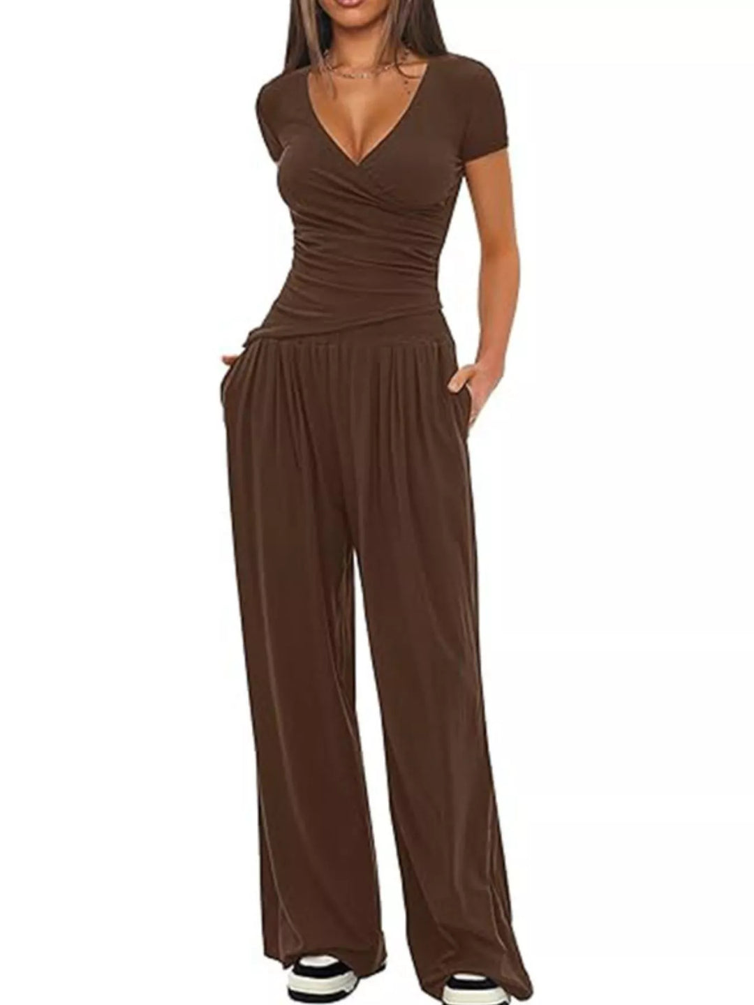 Surplice Short Sleeve Top and Pants Set