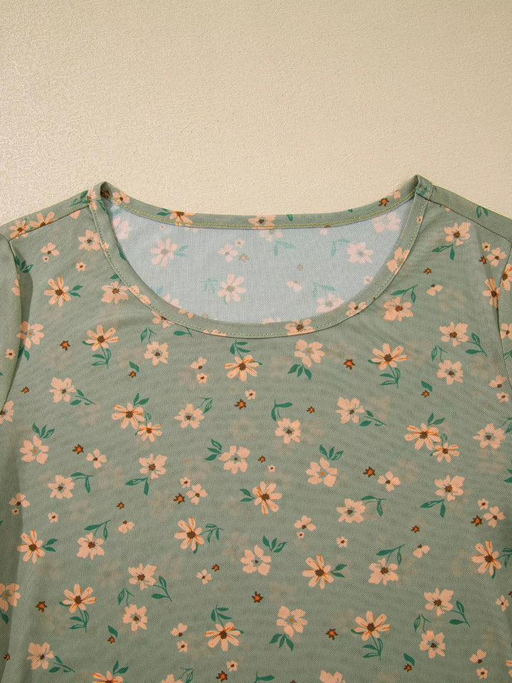 Floral Print Mesh Long Sleeve Top