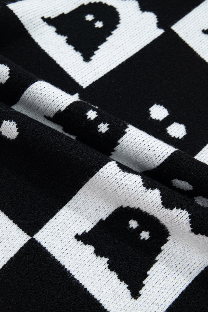 Black High Neck Drop Shoulder Geometric Print Sweater