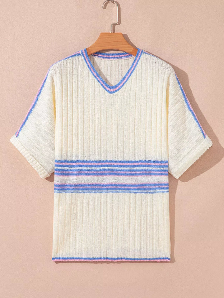 Striped V Neck Dolman Sleeve Rib Knit Oversized Sweater with Slits