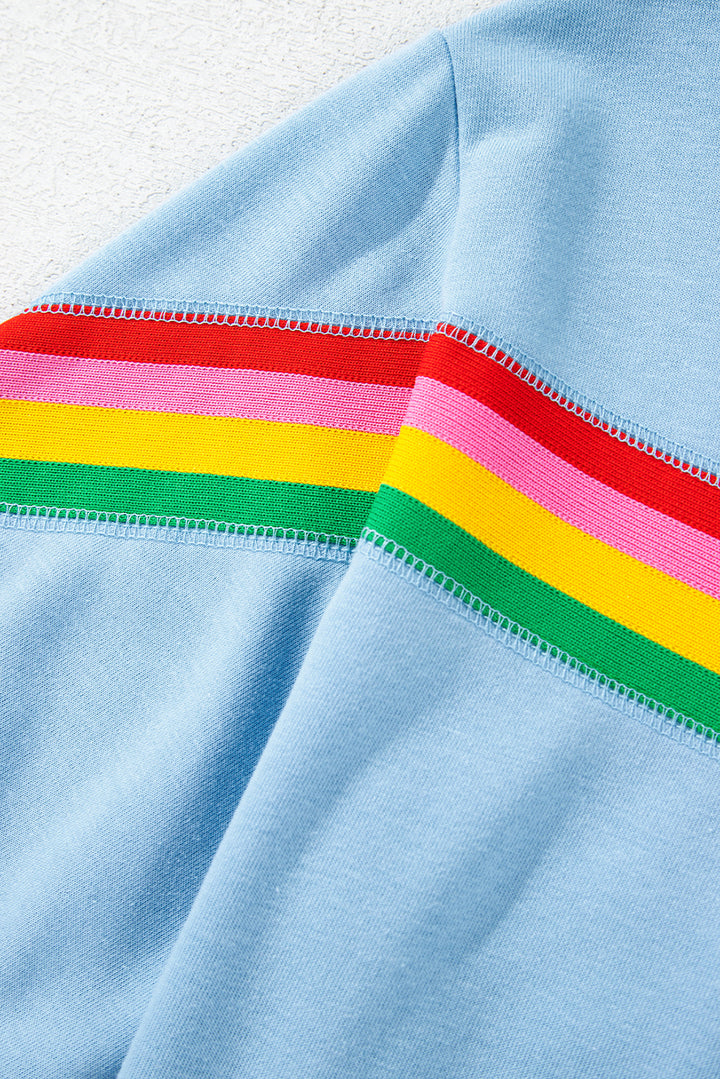 Sky Blue Rainbow Colorblock Collared Short Sleeve Top 2 Piece Shorts Set