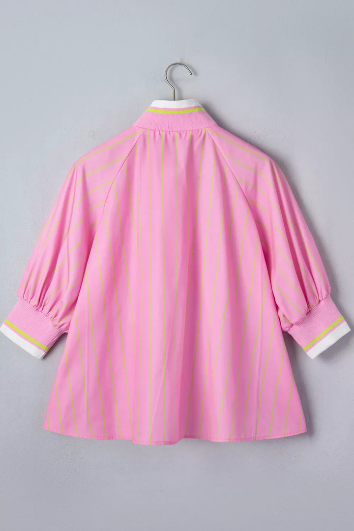 Stripe Striped V-Neck Half Sleeve Zipper Ribbed Cuff Casual Shift Blouse