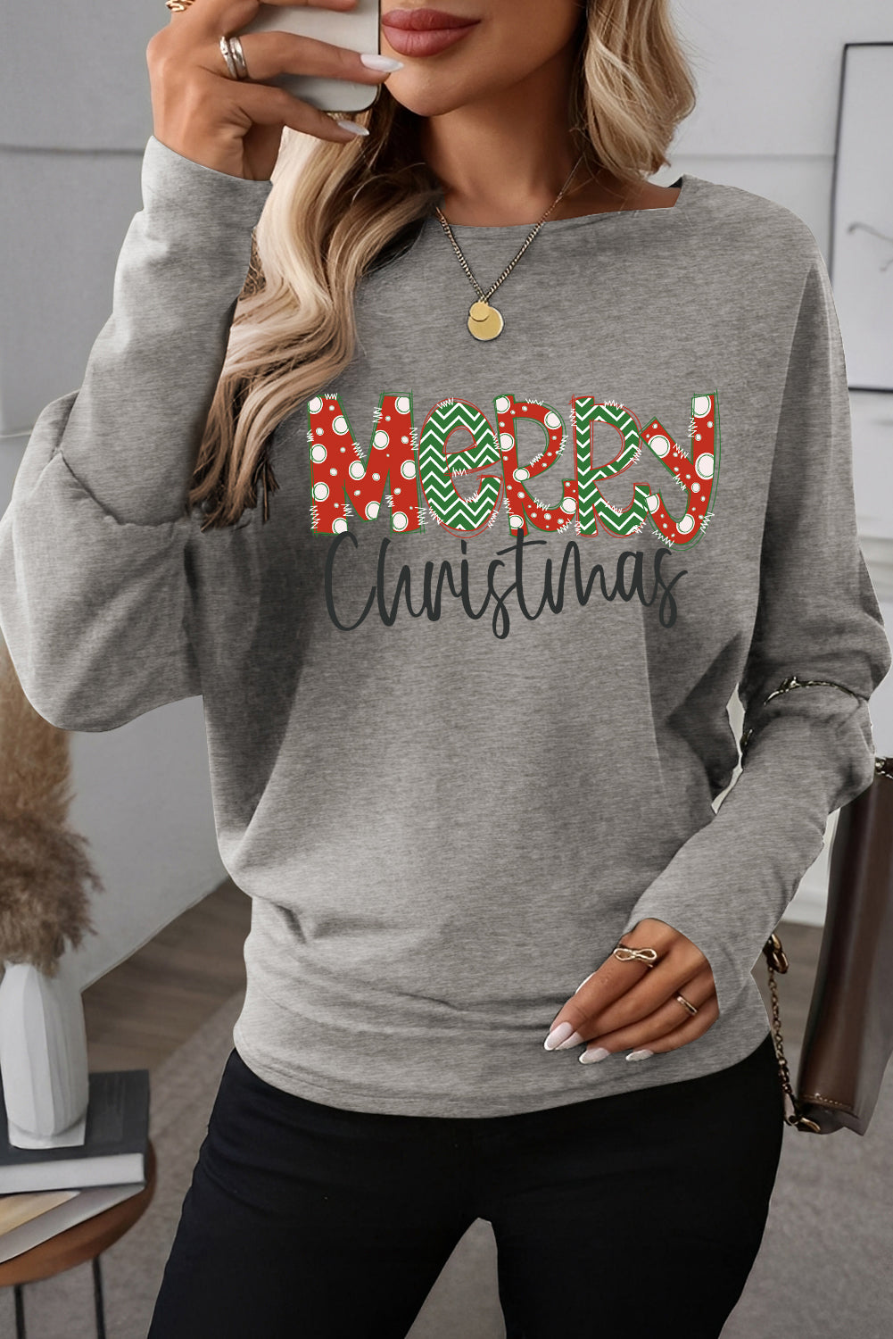 Light Grey Merry Christmas Graphic Extended Cuffs Dolman Long Sleeve Top