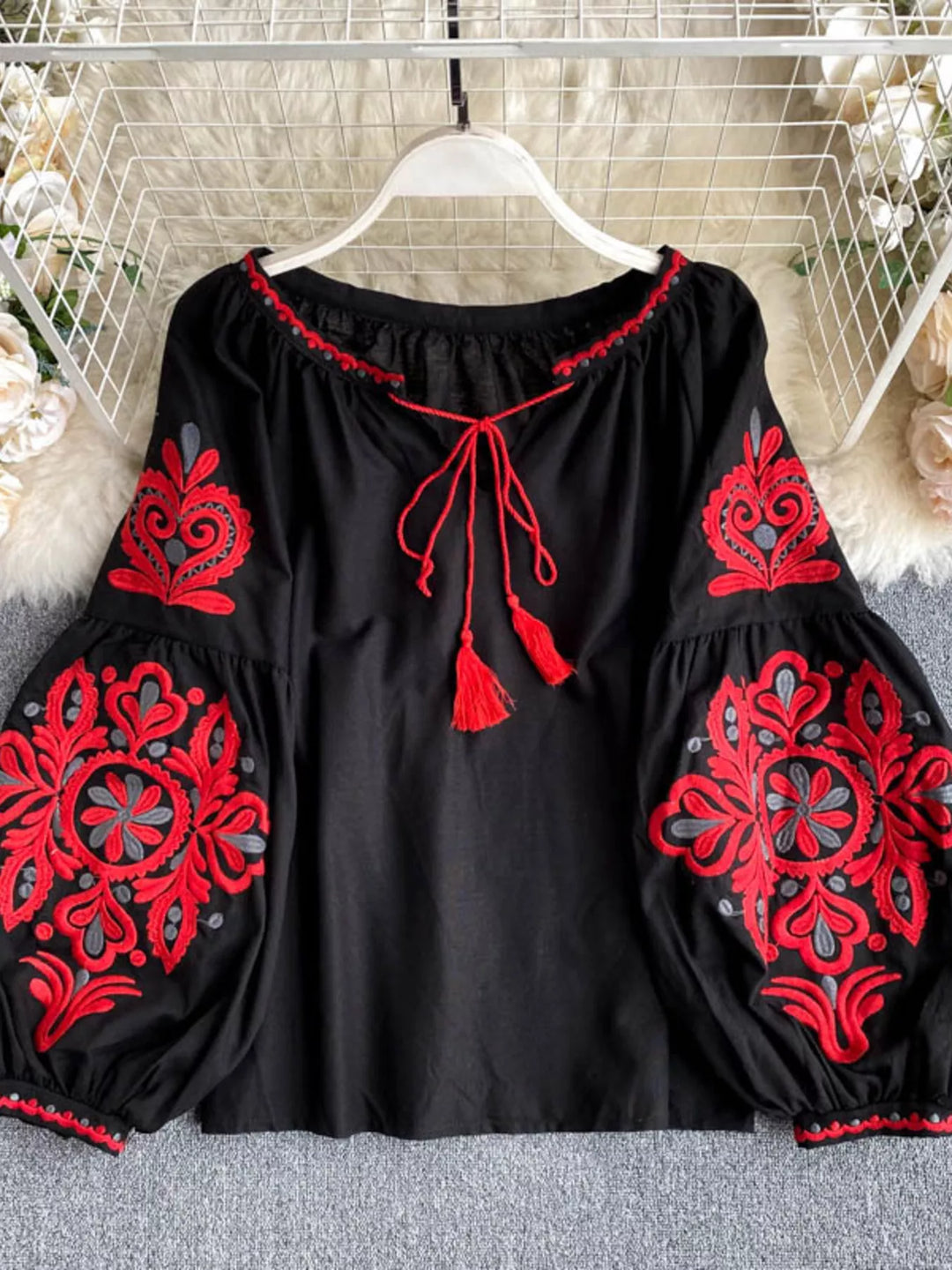Embroidered Tassel Tie Neck Blouse