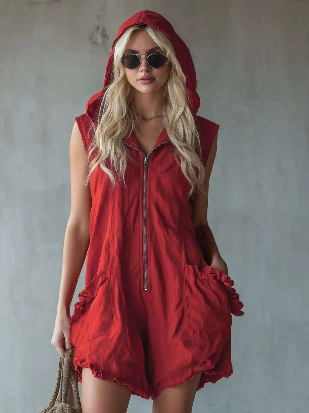 Full Size Hooded Sleeveless Zipper Romper with Ruffled Pockets Plus Size