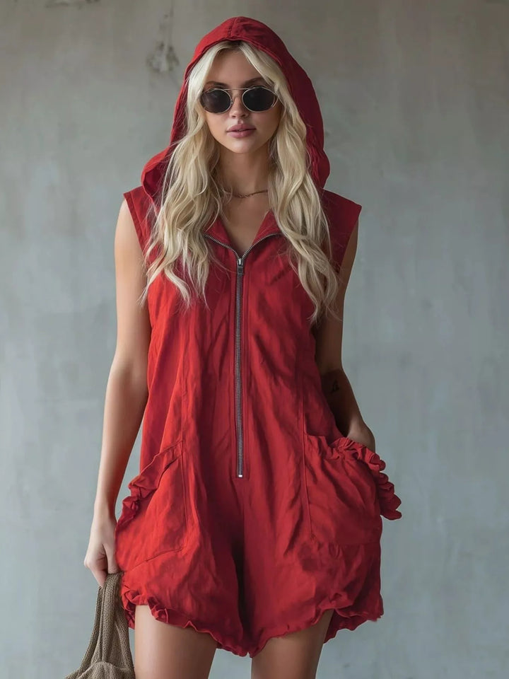 Full Size Hooded Sleeveless Zipper Romper with Ruffled Pockets Plus Size