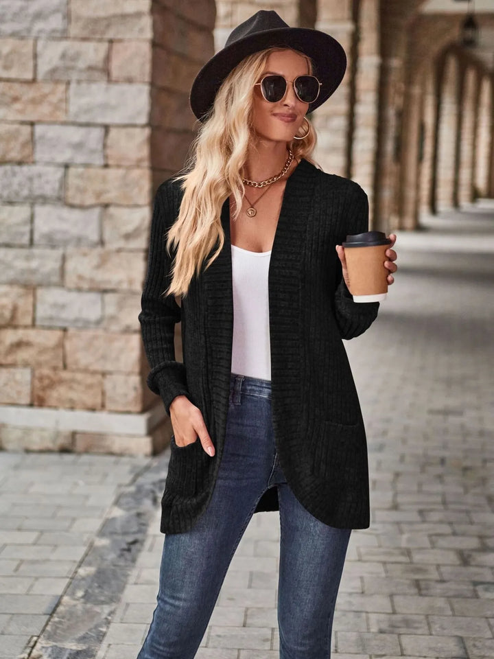 Ribbed Open Front Long Cardigan with Pockets