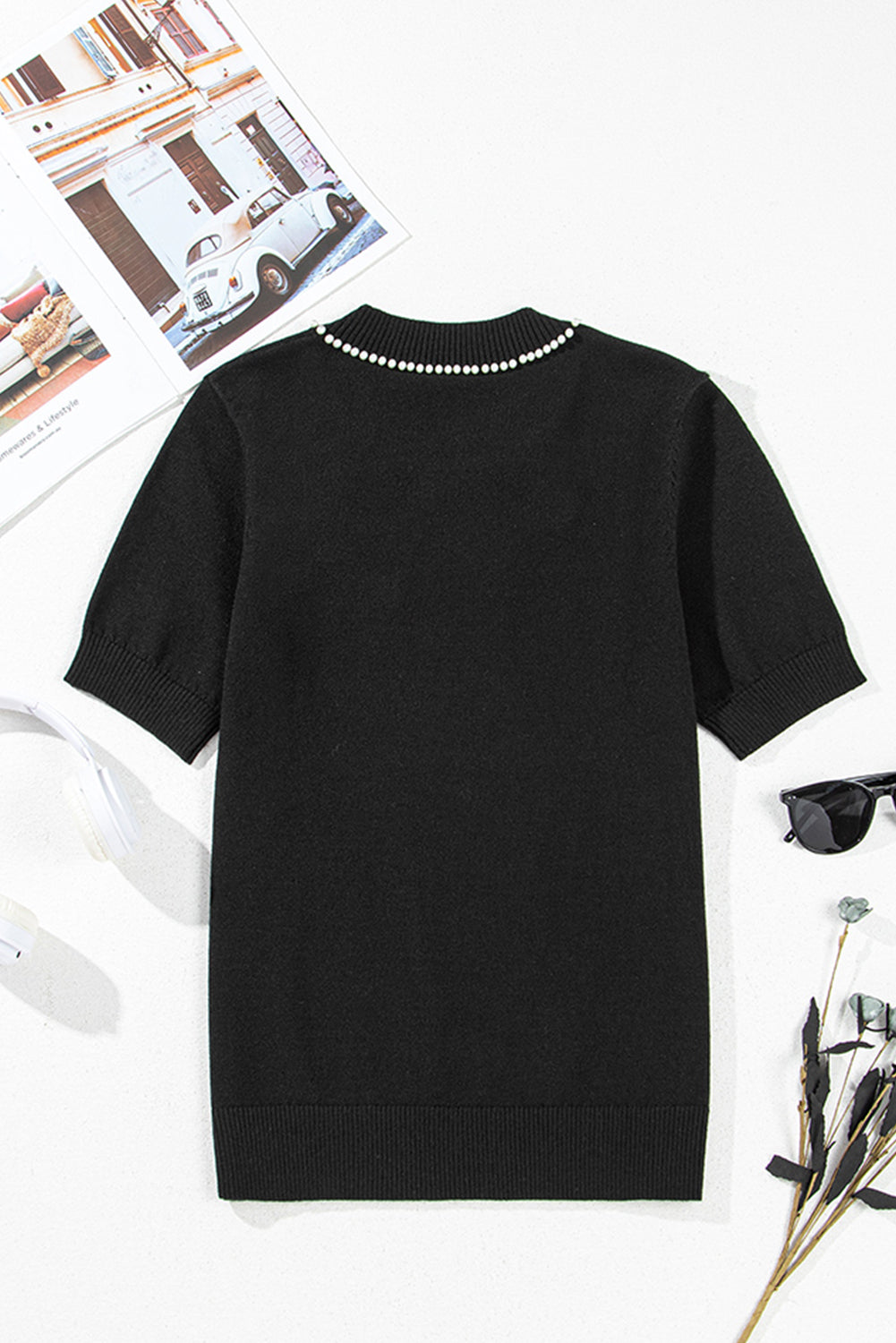 Black Pearl Bow Necklace Embellished Short Sleeve Knitted T Shirt
