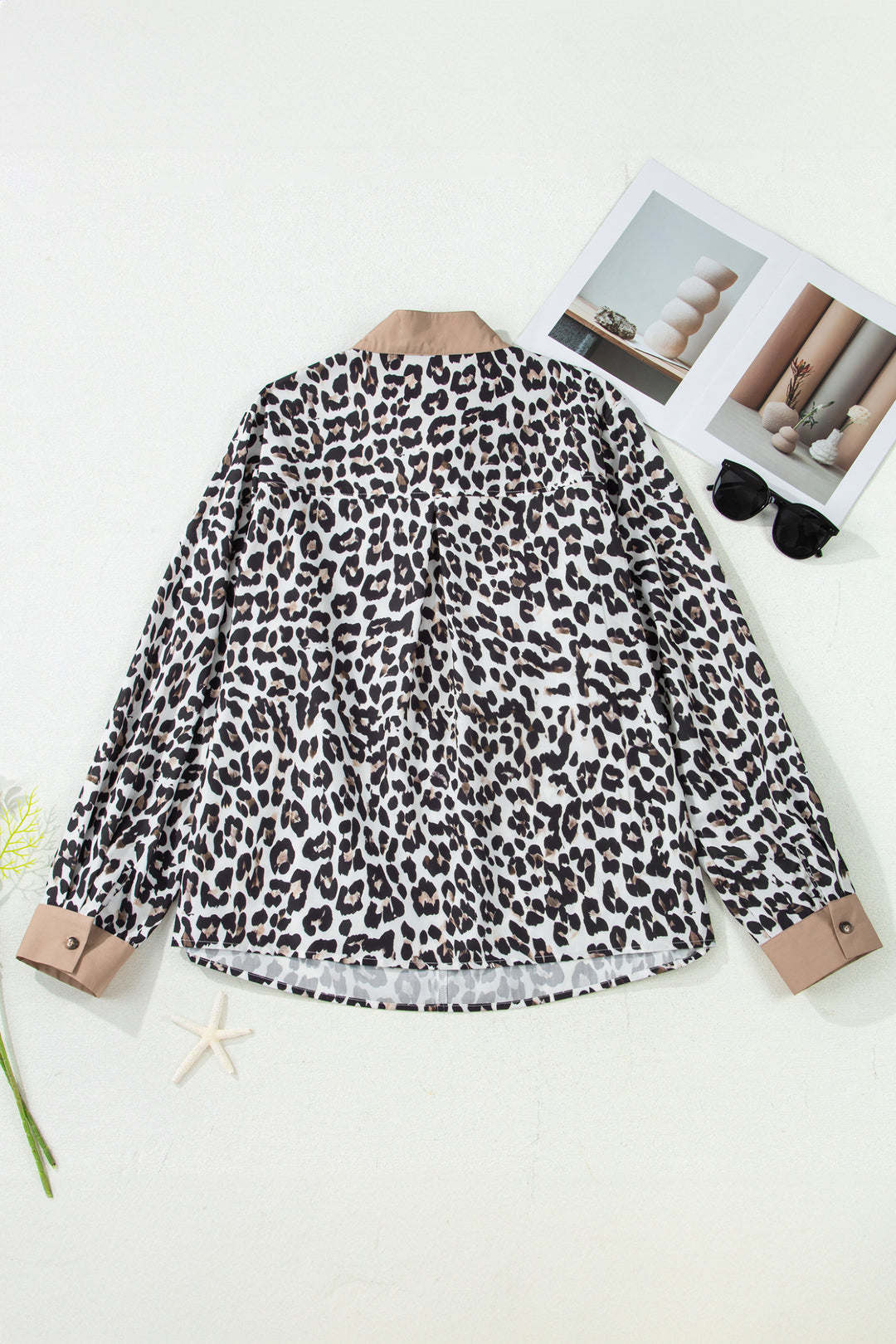 Multicolour Leopard Print Contrast Trim Button Split Neck Plus Long Sleeve Top