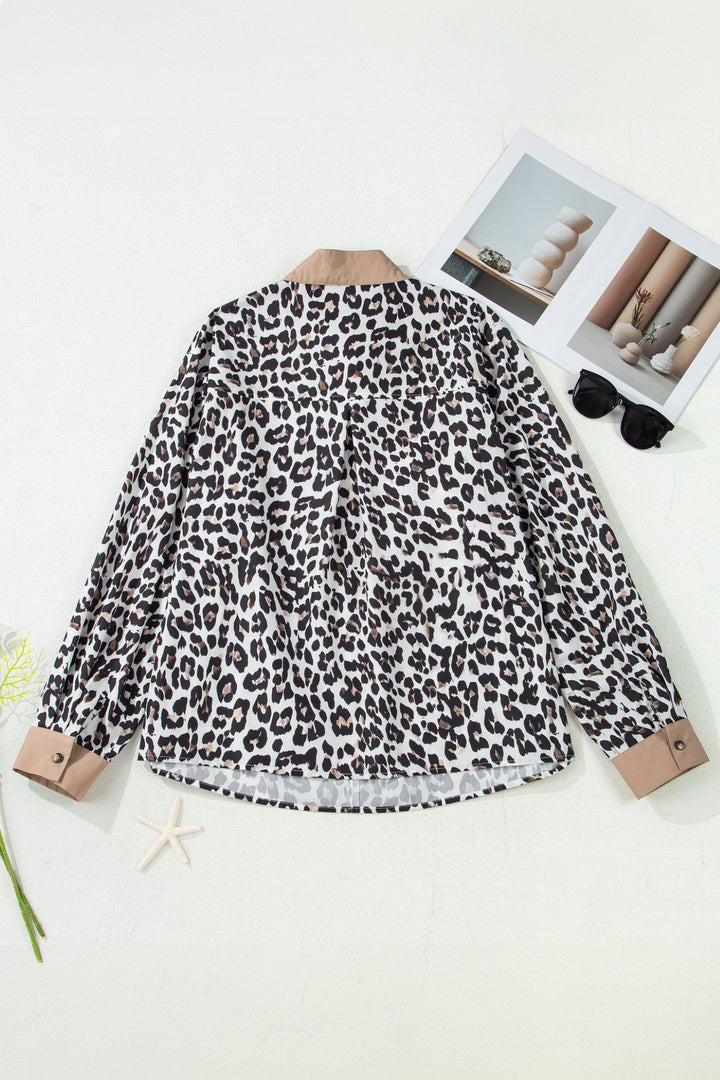 Multicolour Leopard Print Contrast Trim Button Split Neck Plus Long Sleeve Top