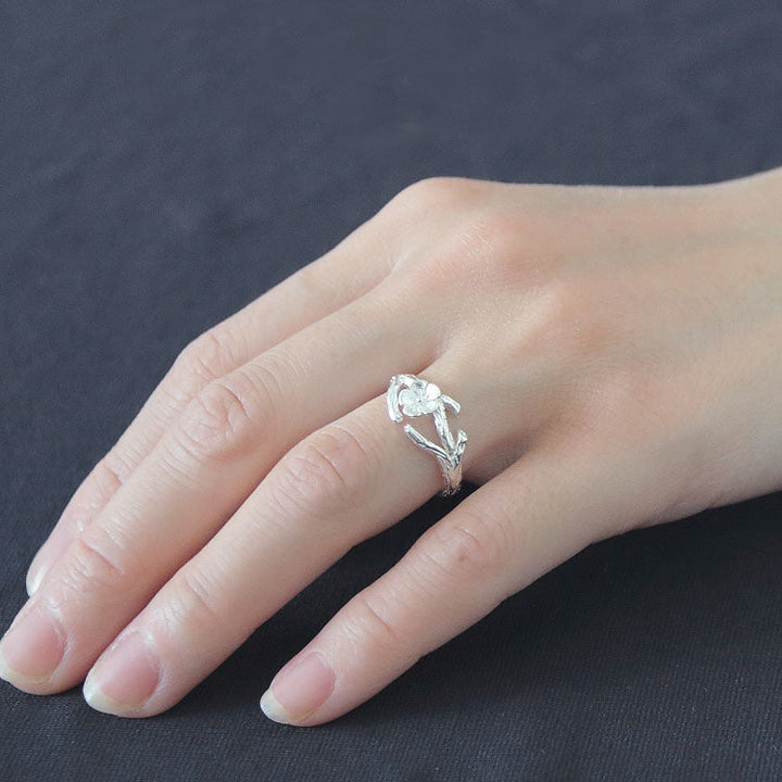 S925 Sterling Silver Open-ring Delicate Flower And Branch Plain Silver Ring
