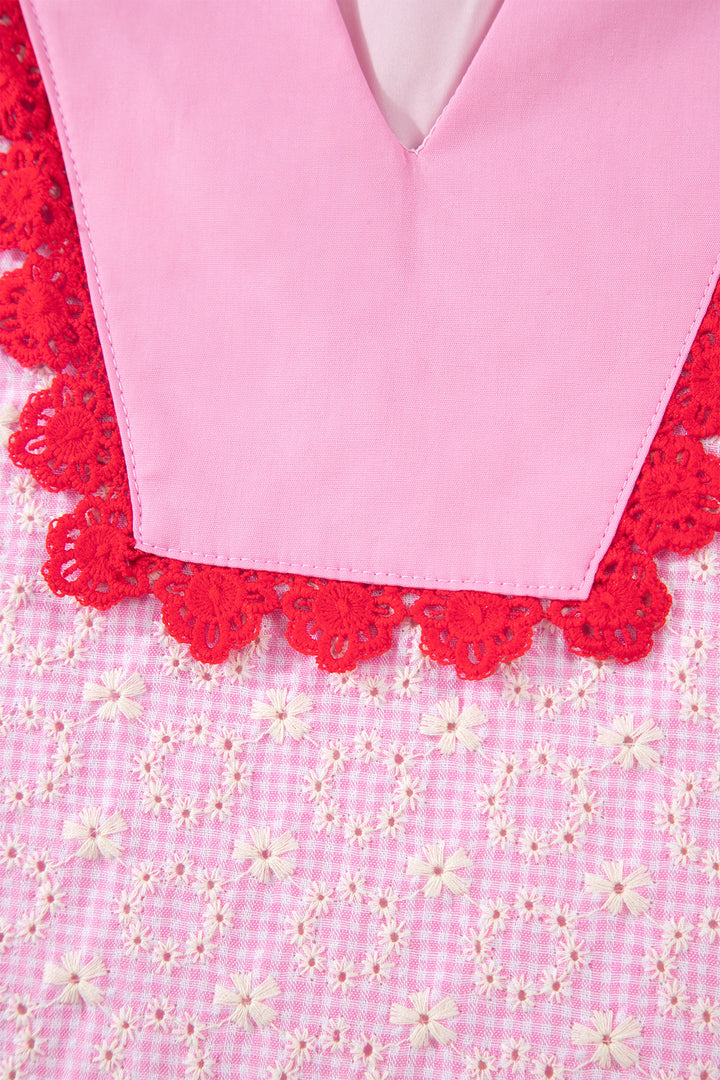 Pink Eyelet Embroidered Flower Texture Contrast Lace Trim Flutter Sleeve Blouse