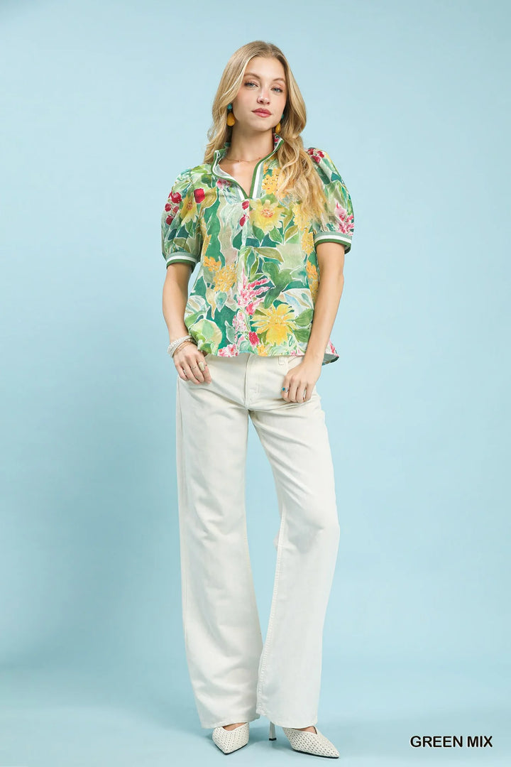 Umgee Jacquard Bloomscape Print Top