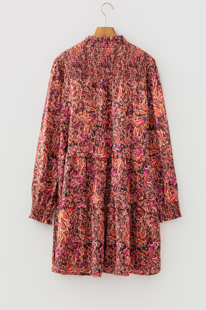 Red Floral Print Long Sleeve Shirred High Neck Loose Mini Dress