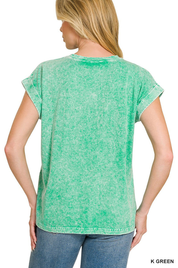 Zenana Halo Snow Washed Cuffed Short Sleeve Tee