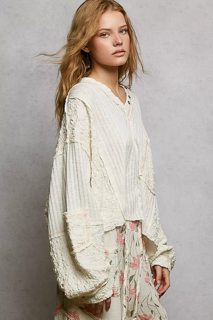 POL V-Neck Long Sleeve Top with Stitch Detail