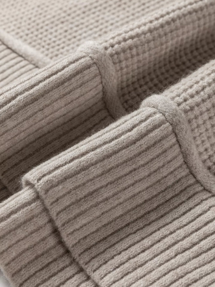 Waffle Texture Knit Ribbed High Neck Drop Shoulder Sweater
