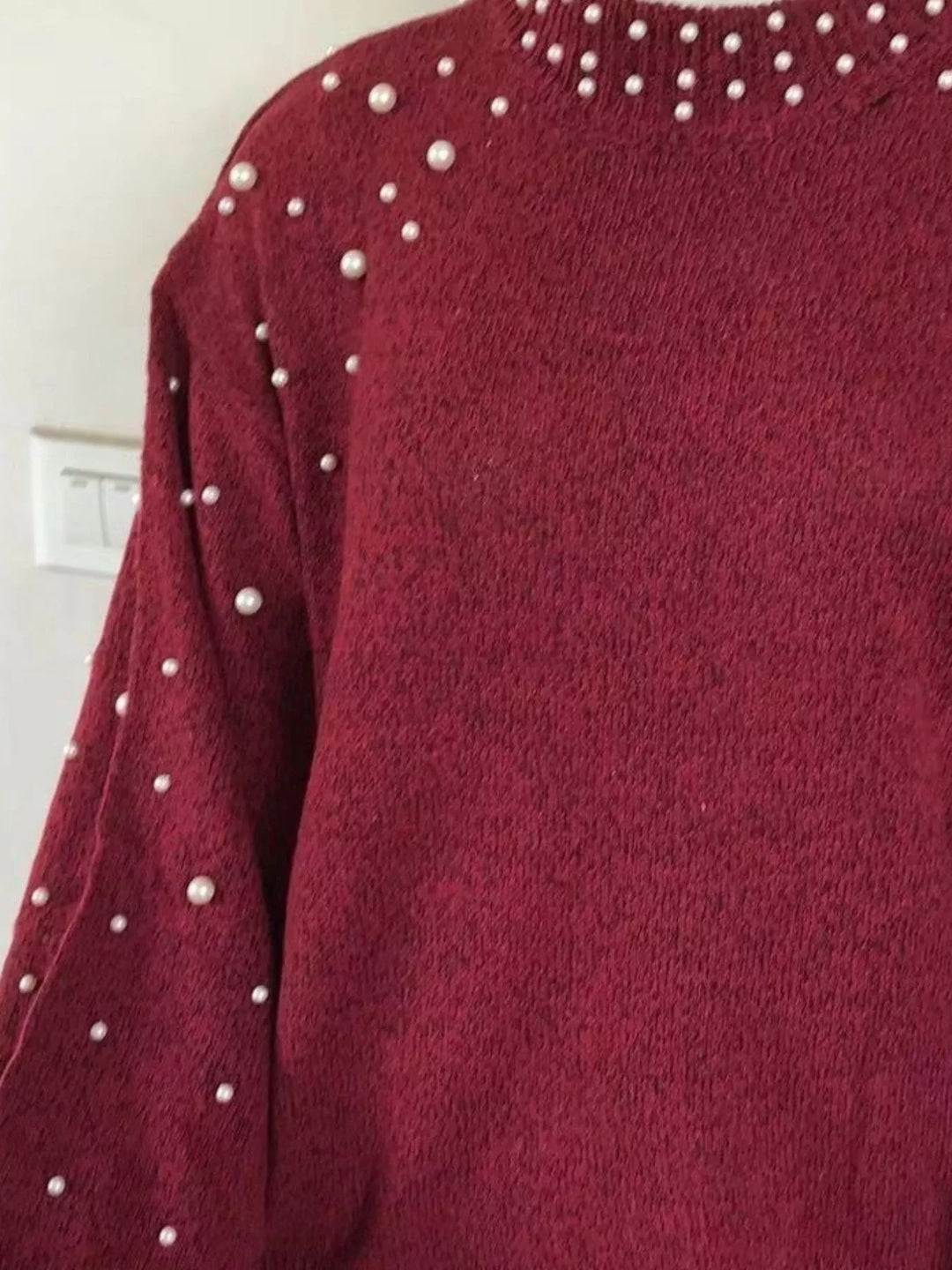 Pearl-Embellished Mock Neck Sweater