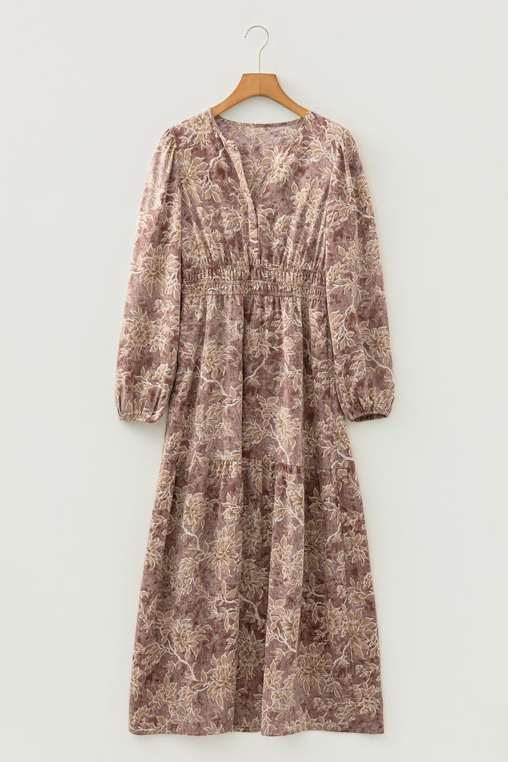 Brown Floral Print Smocked High Waist Long Sleeve Maxi Dress