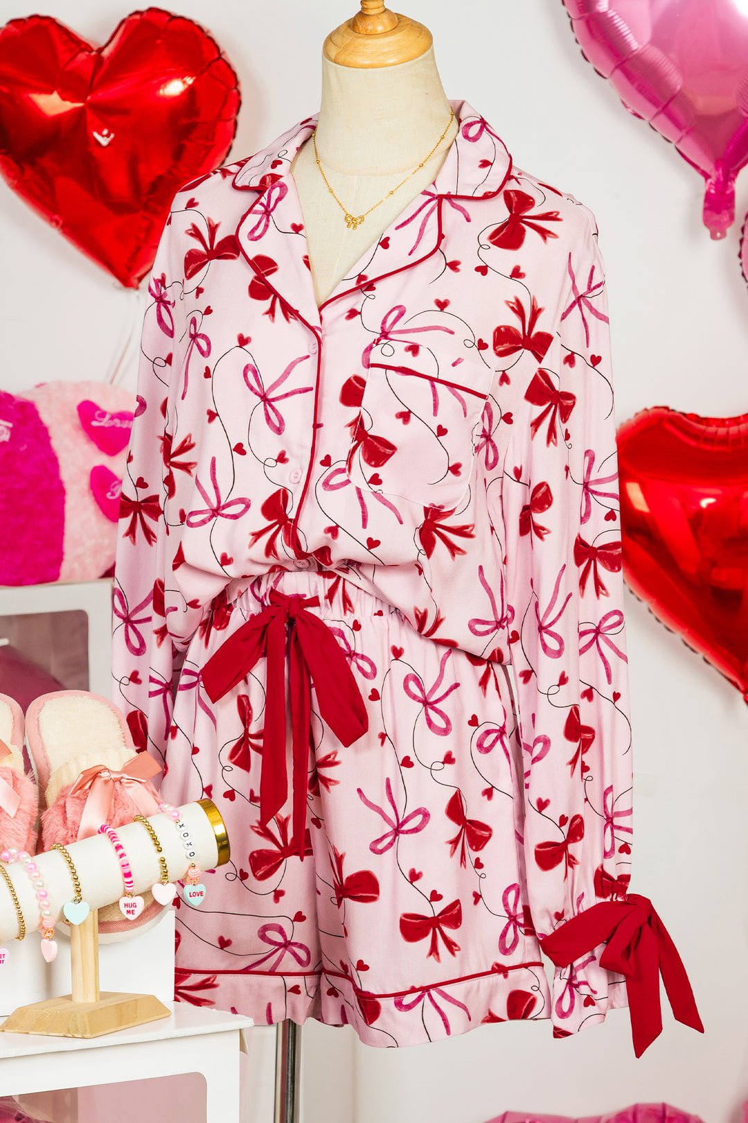 Red Bow Print Valentine Long Sleeve Shirt Shorts 2 Pcs Pajama Set