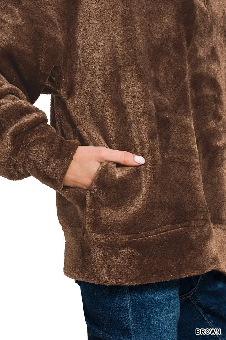 Zenana Faux Fur Half Zip Pocket Pullover