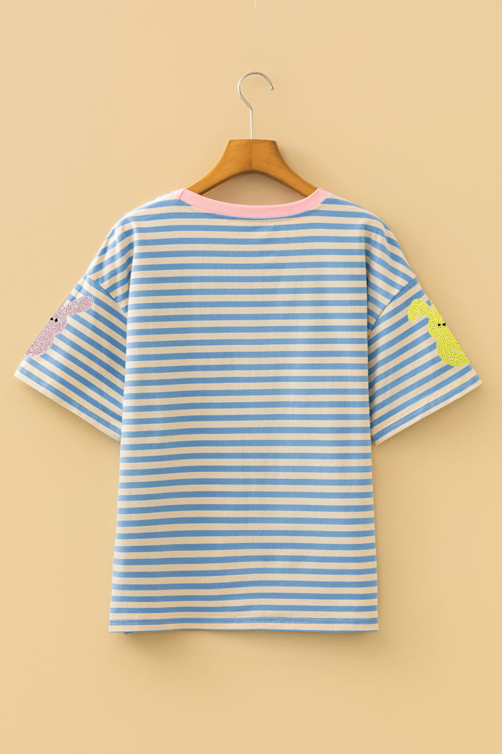 Sky Blue Stripe Sequin Easter Bunny Patched Drop Shoulder Tee