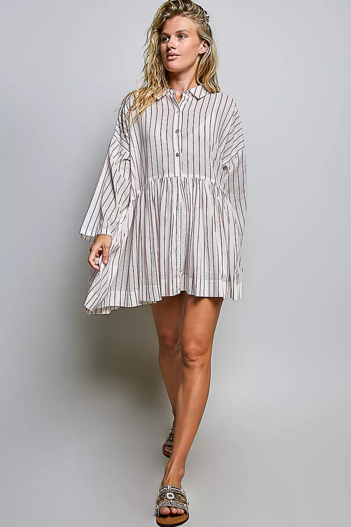 POL Striped Gathered Waist Woven Shirt Dress