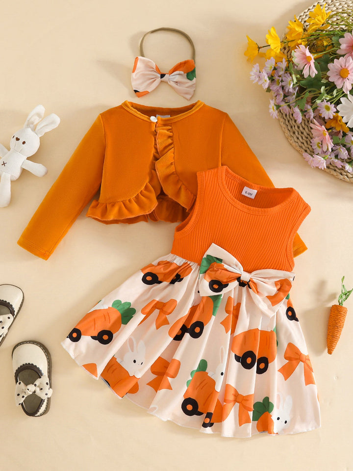 Children's Ruffled Cardigan and Bow Dress Set with Headband