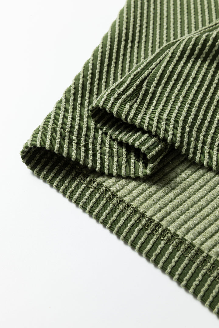 Vineyard Green Plus Size Contrast Frilled Neckline Ruffled Short Sleeve Ribbed Textured Blouse