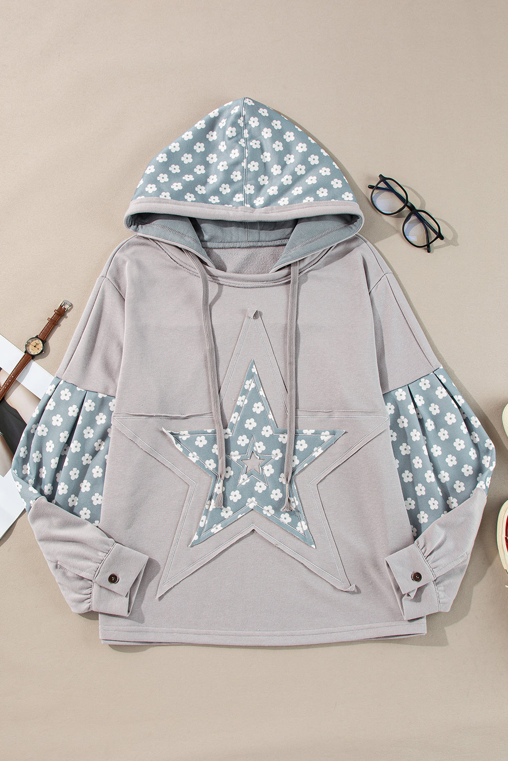 Sweat à capuche à cordon de serrage et motif patchwork floral bleu Beau