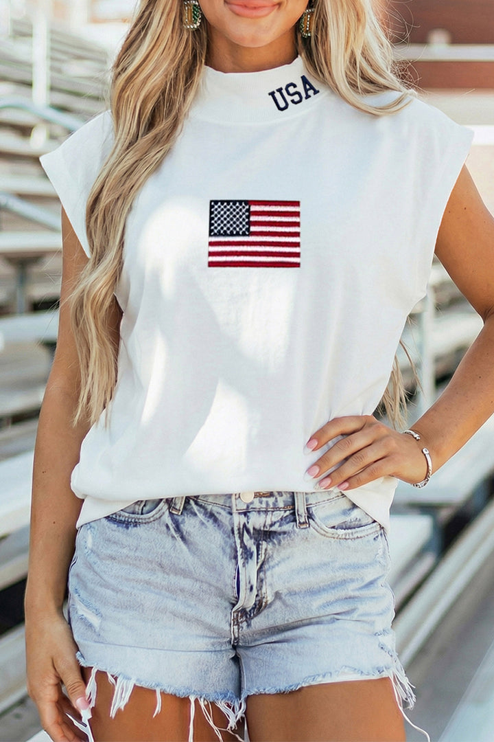 White USA Flag Embroidered High Neck Cap Sleeve Top